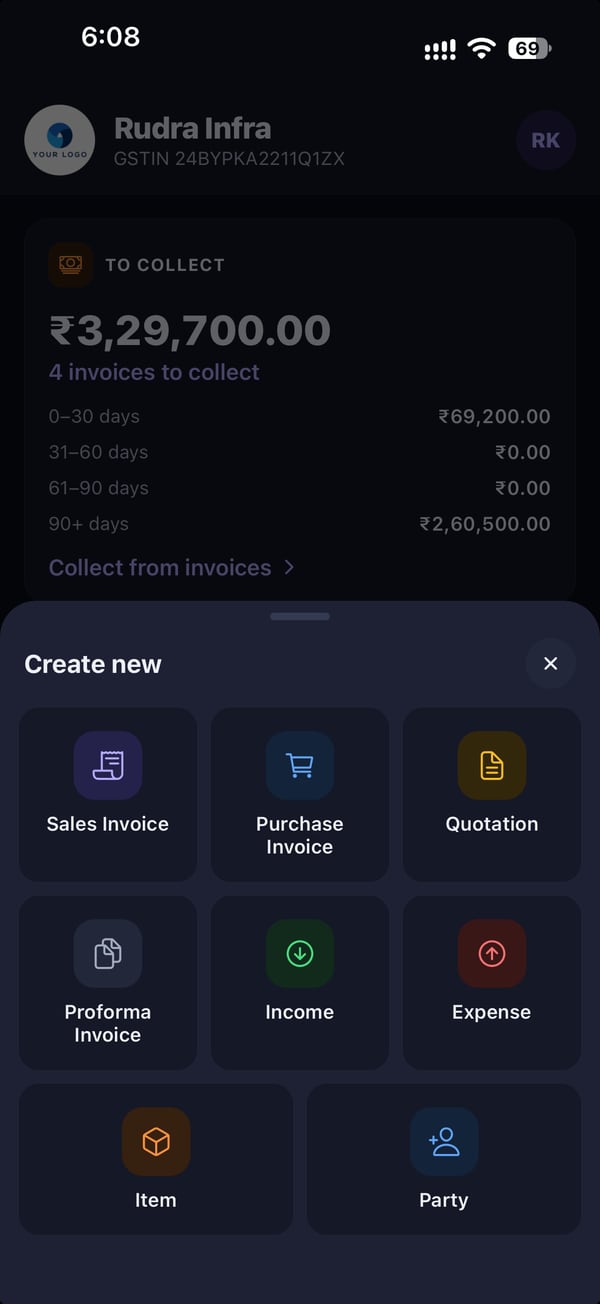 Rojmed app create menu with sales invoice, purchase invoice, quotation, proforma, income, expense, item and party