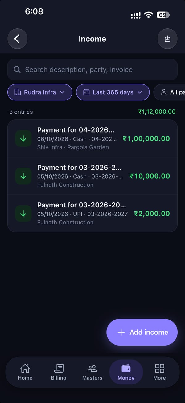 Rojmed app income list with payments linked to invoices