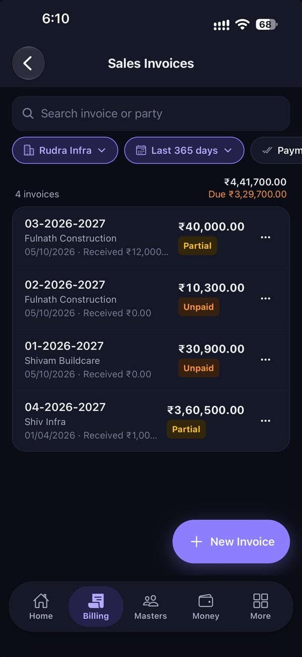 Rojmed app sales invoice list with Paid, Partial and Unpaid status