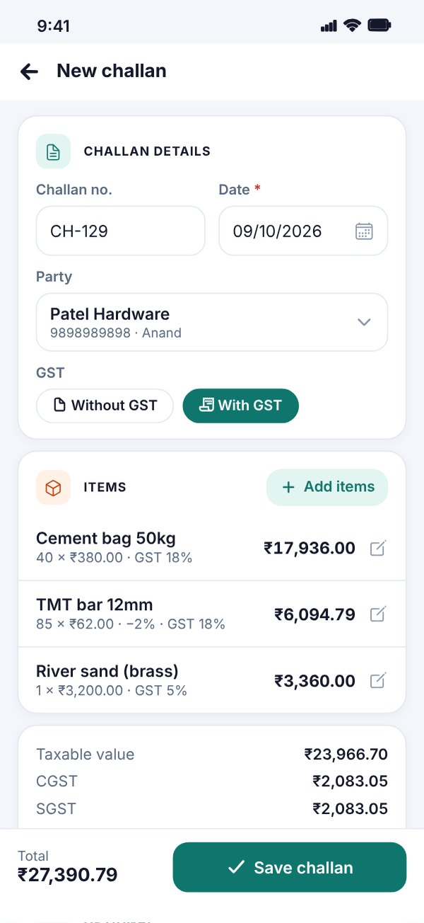Creating a challan with party, GST and items