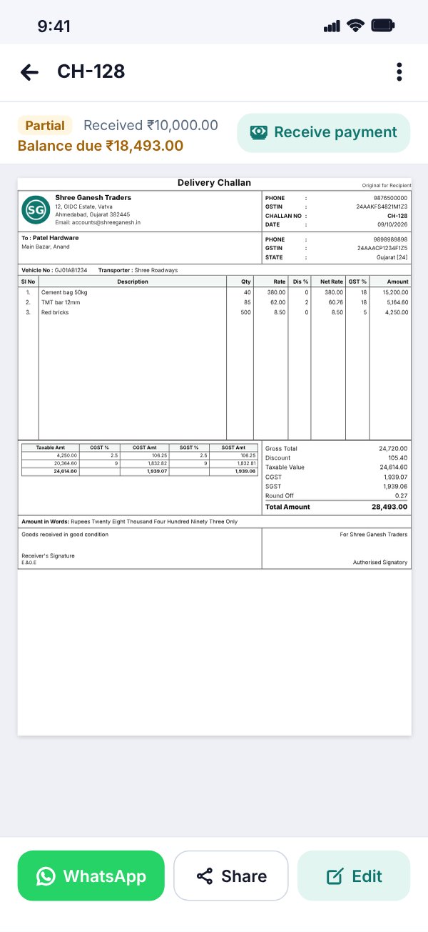 Challan PDF preview with WhatsApp and Share buttons