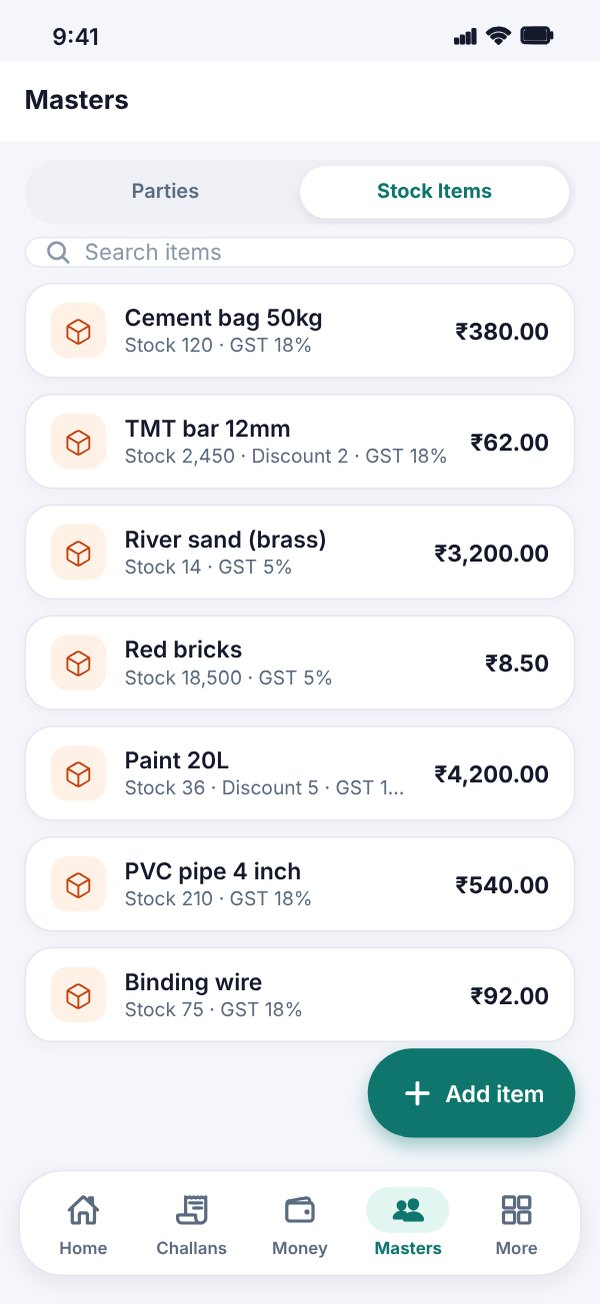 Stock items list with current stock